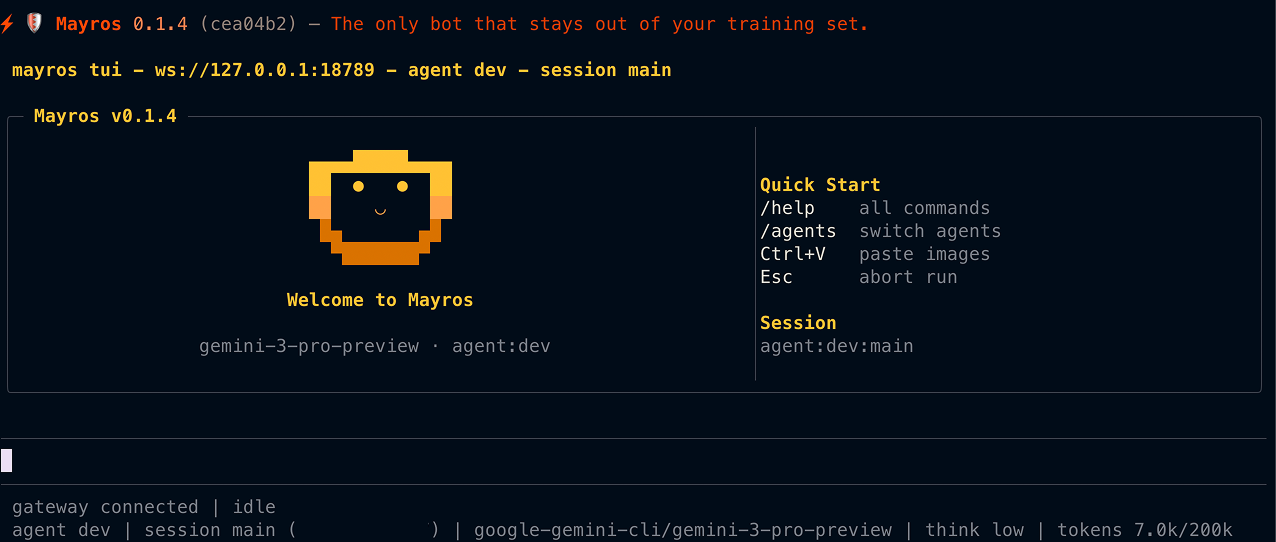 Mayros coding CLI terminal interface — welcome screen with mascot, quick start commands, session info, and status bar