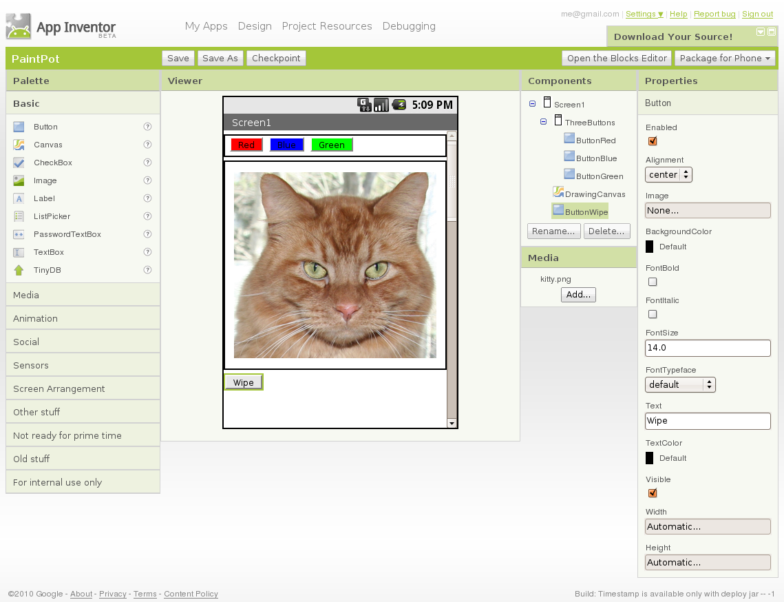 Designer view of finished paint pot app.