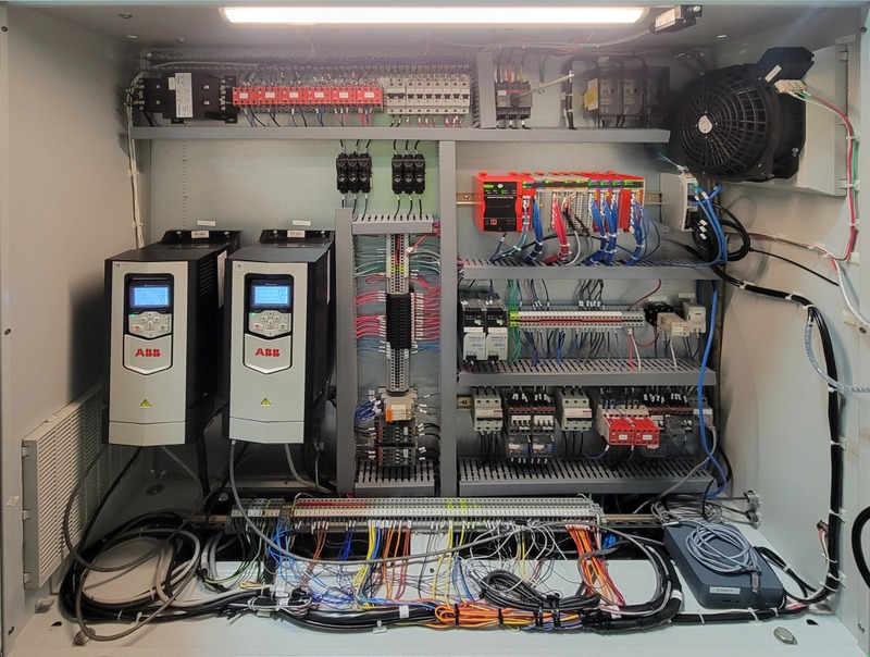 Fabricated control cabinet with ABB drives, breakers and wire duct