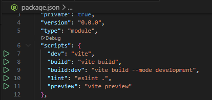 Run button in the package.json gutter