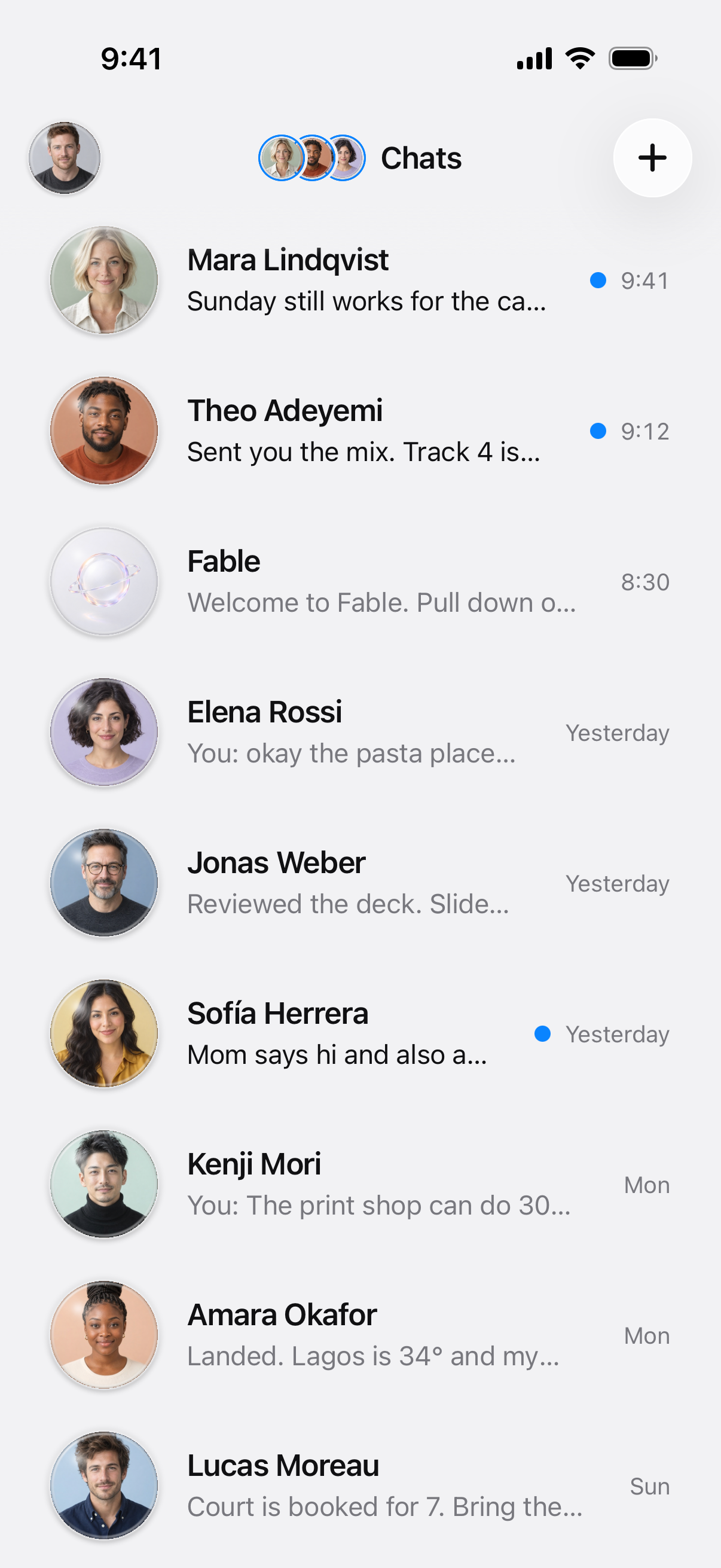 Fable inbox with collapsed portrait cluster
