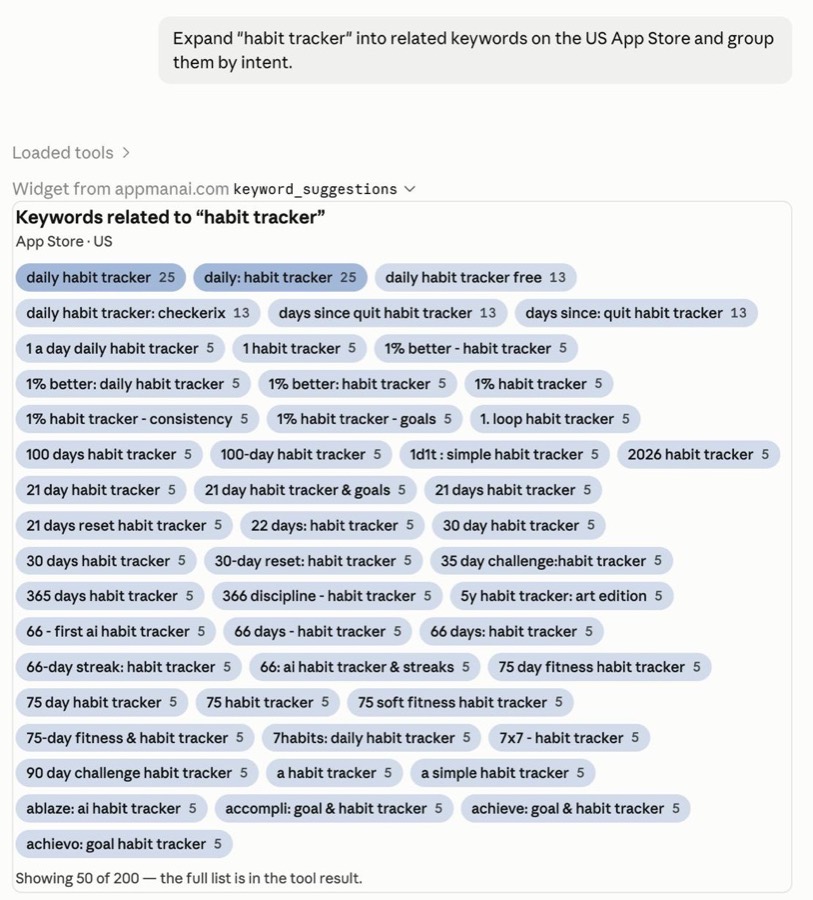AppmanAi answering a keyword question in Claude