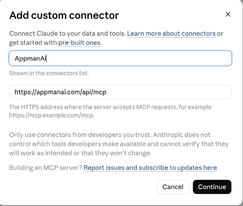 Claude's Add custom connector dialog with the AppmanAi URL