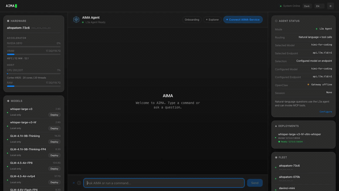 AIMA Web UI — natural-language query resolves through L3a Agent to a hardware.detect MCP tool call