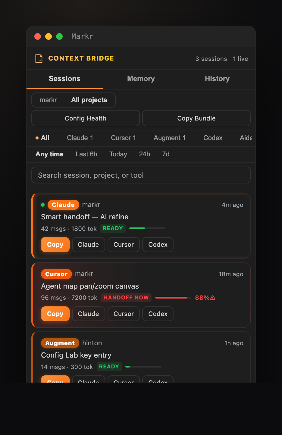 Context Bridge — every AI session across tools, redesigned on the new design system