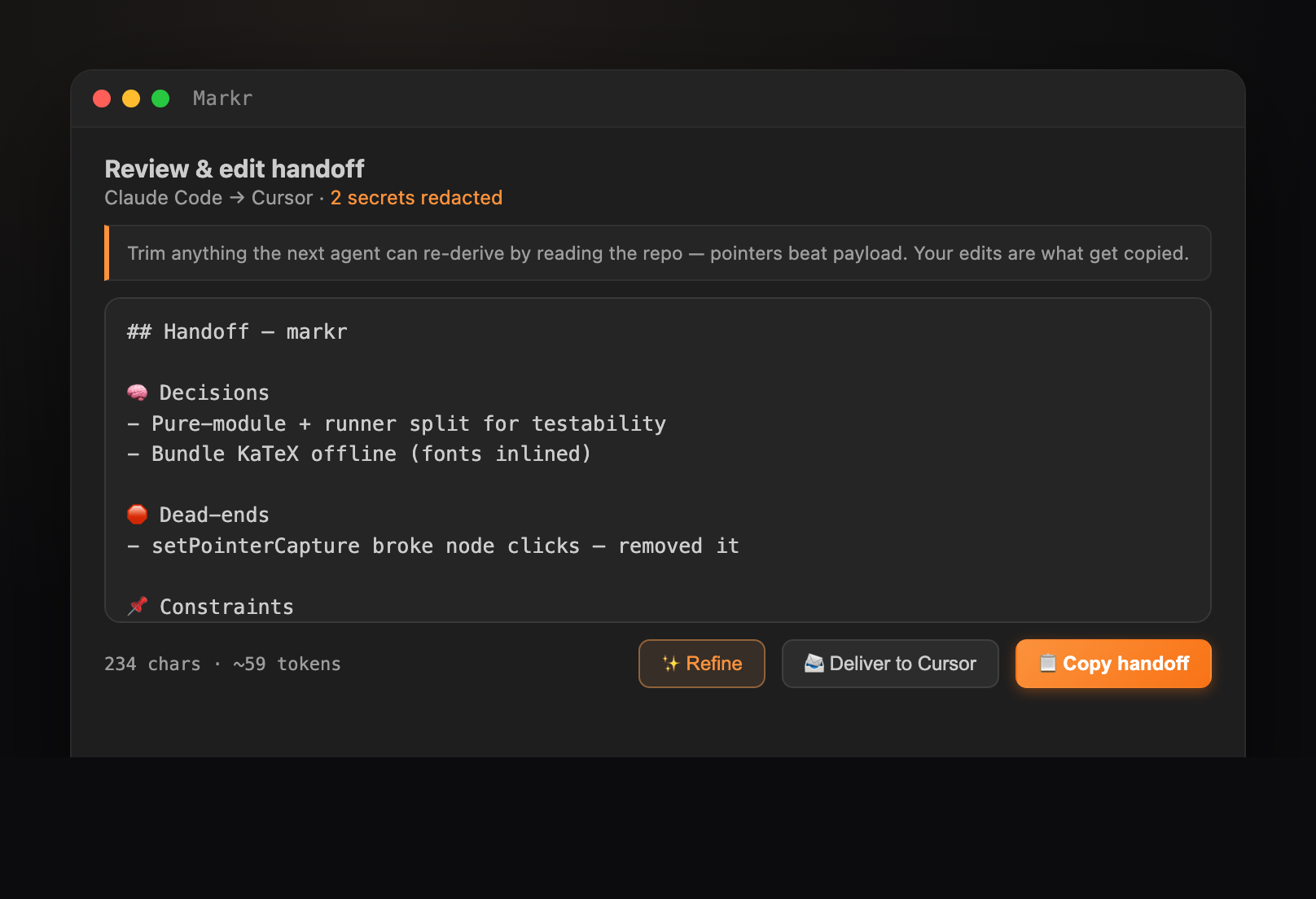 Smart Handoff — review and edit the handoff, or one-click ✨ Refine it with your own AI model before copying
