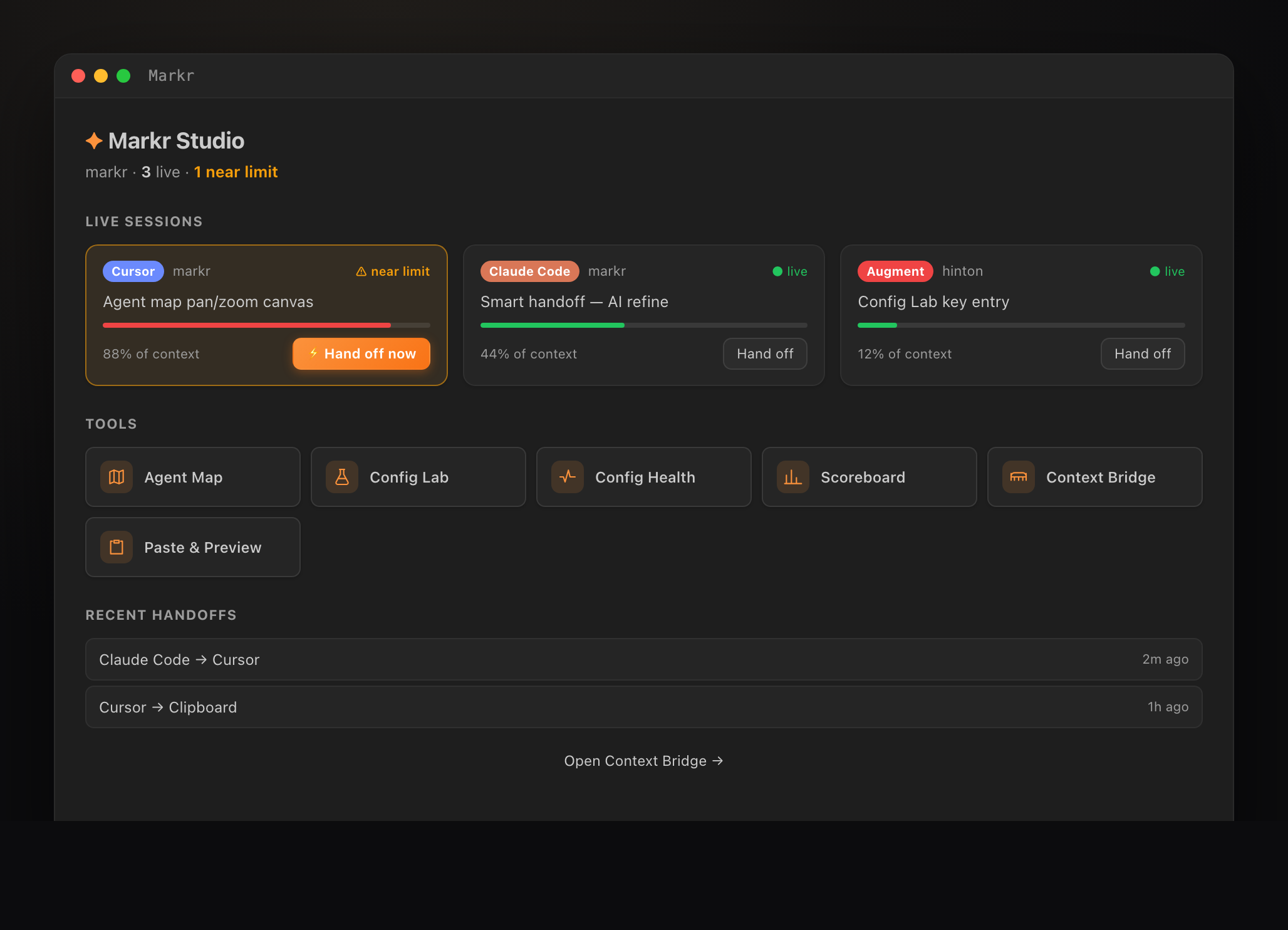 Markr Studio — a command center for AI coding sessions: live sessions with context usage, one-click hand off, tool launcher, and recent handoffs