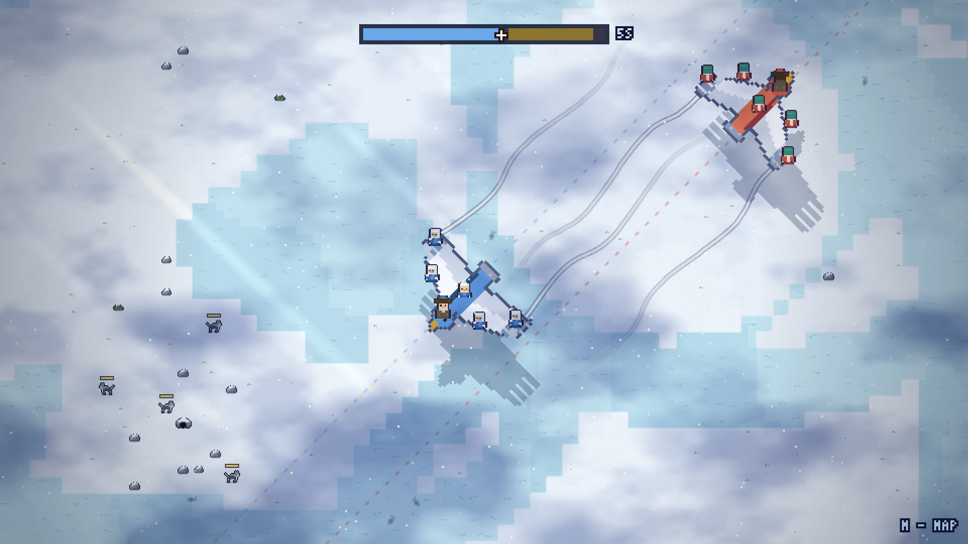 The two team eagles crossing mid-flight over the frozen lakes, riders on their wings, wolves on the snow below