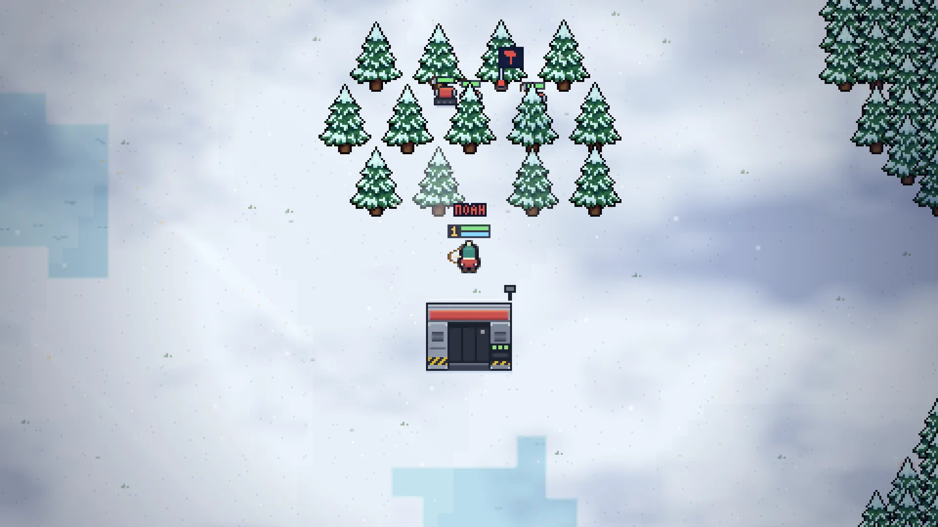 Worker bots chopping snow-loaded pines