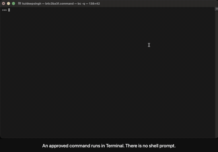 An approved calculator program runs in Terminal, receives three expressions, quits, and its window closes