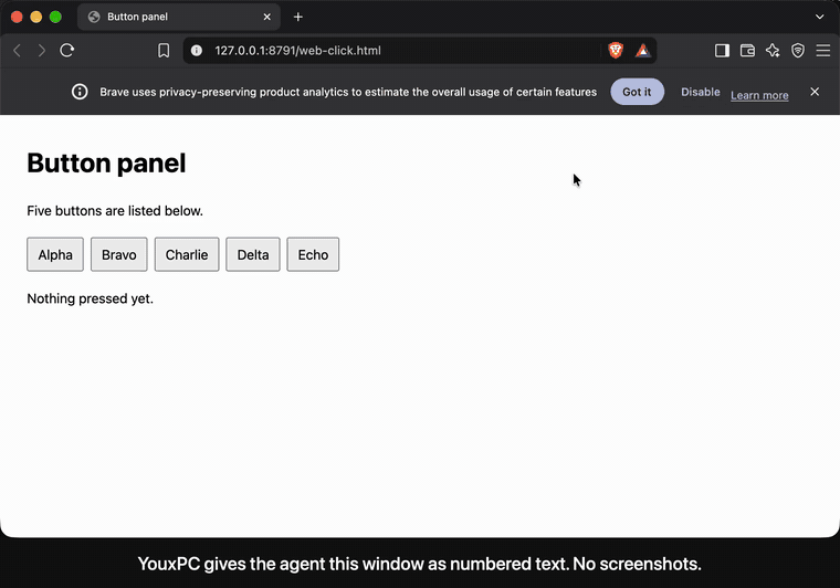 An agent presses buttons and fills a form in Brave; the purple cursor is the agent's and the black pointer does not move