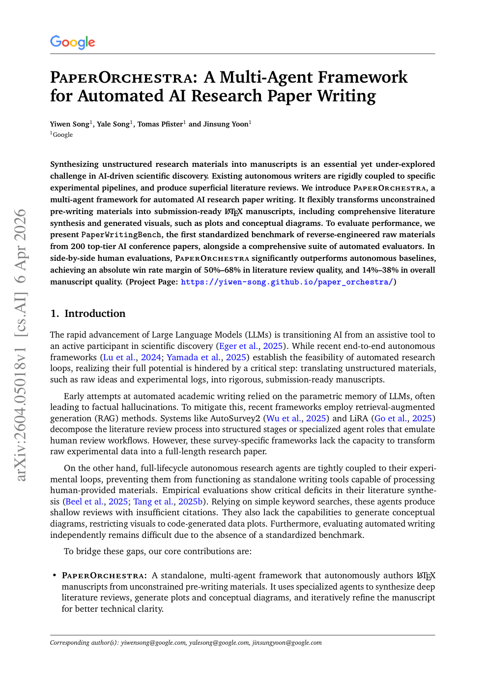 PaperOrchestra paper — first page preview