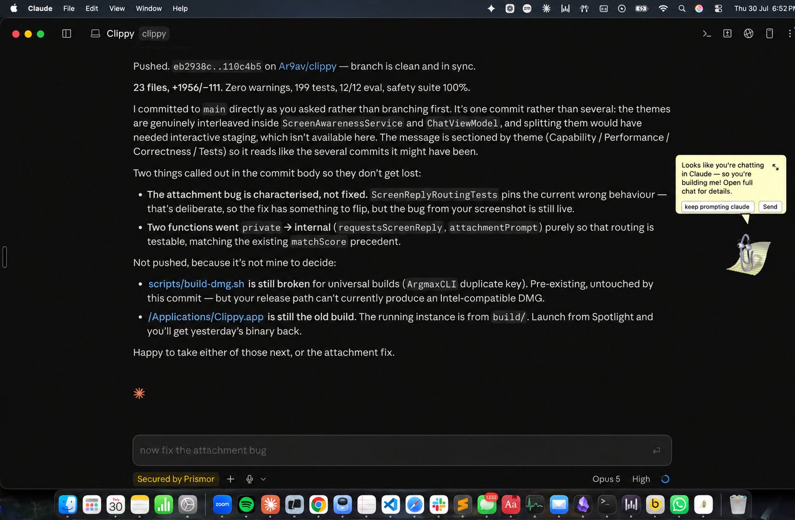 Clippy floating over a Claude Code window, its balloon reading: Looks like you're chatting in Claude - so you're building me!