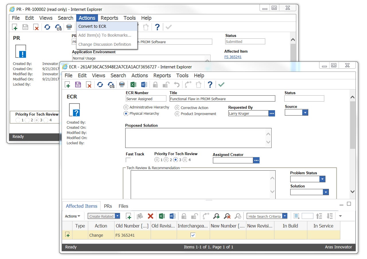 Screenshot of change management actions