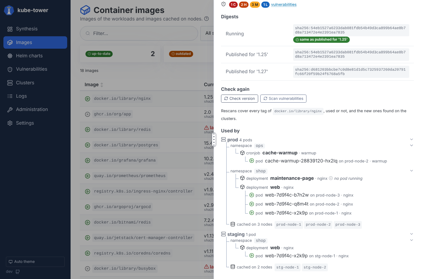 Détails d’une image, notamment ses versions et ses usages dans le cluster.