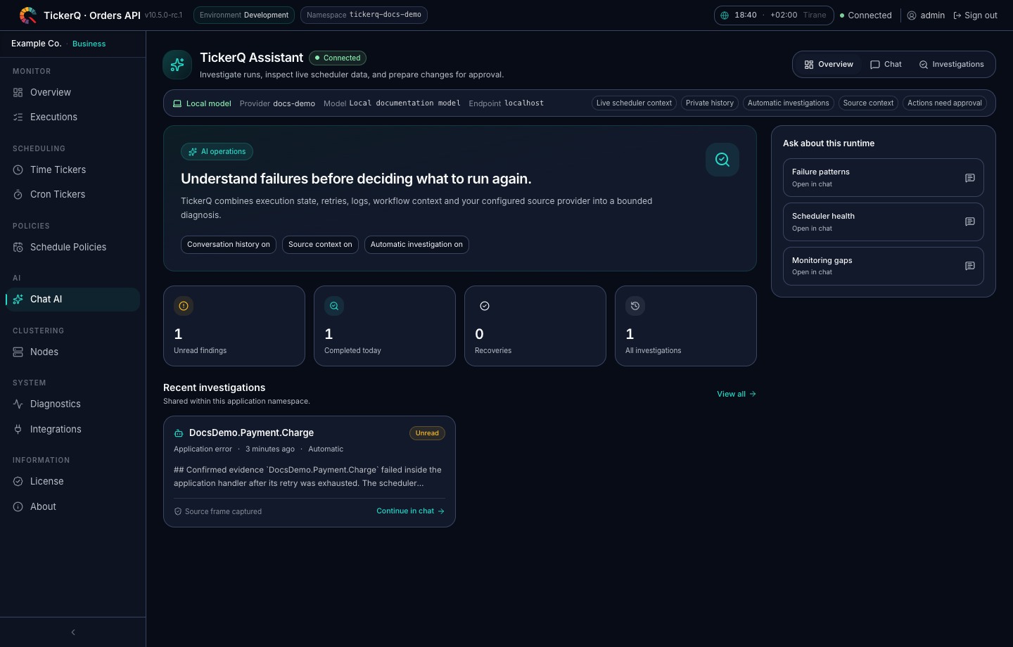 TickerQ Assistant overview with investigations, recovery signals, and recent failures