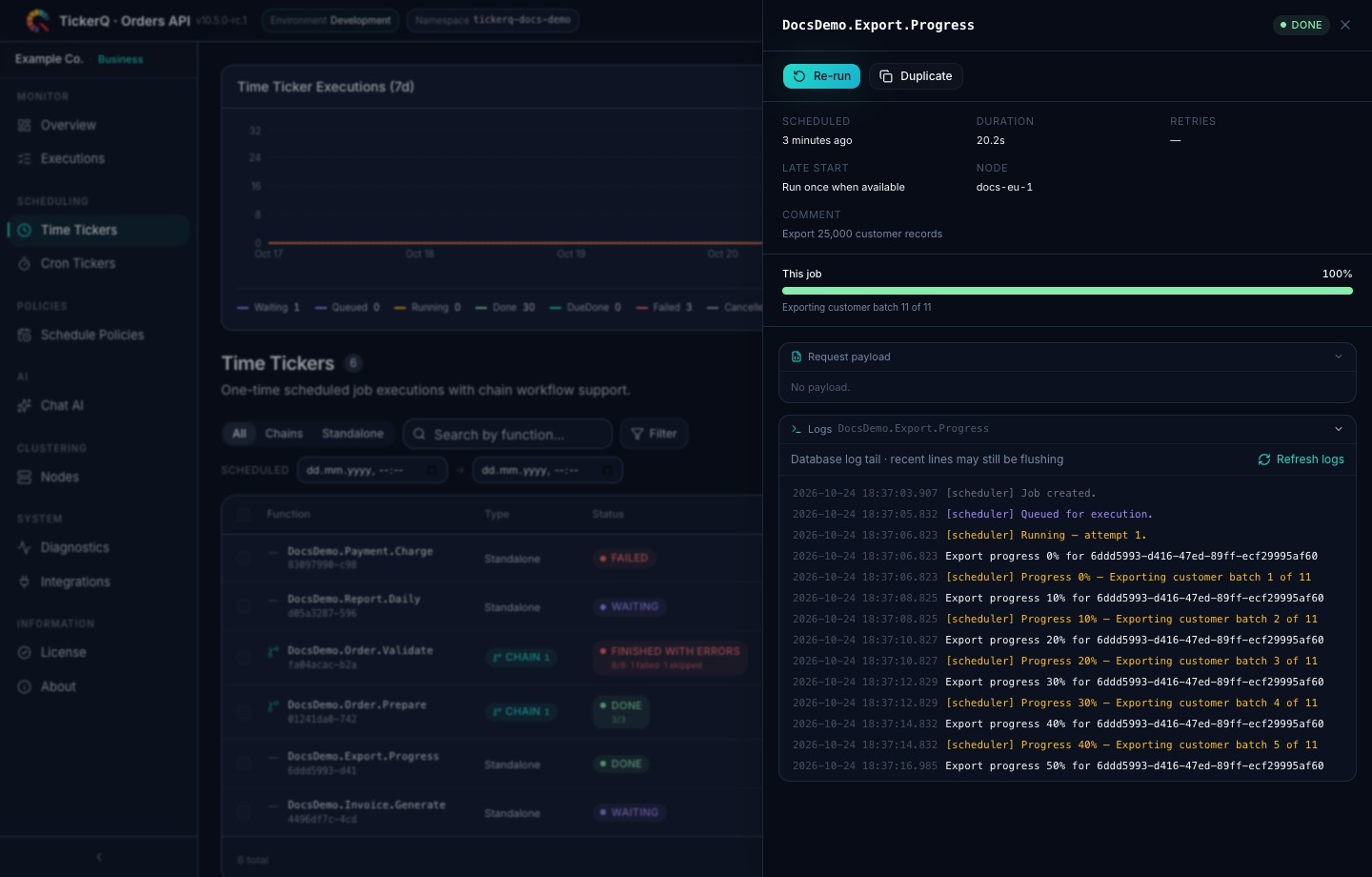 TickerQ execution details with database-backed lifecycle logs and application failure evidence