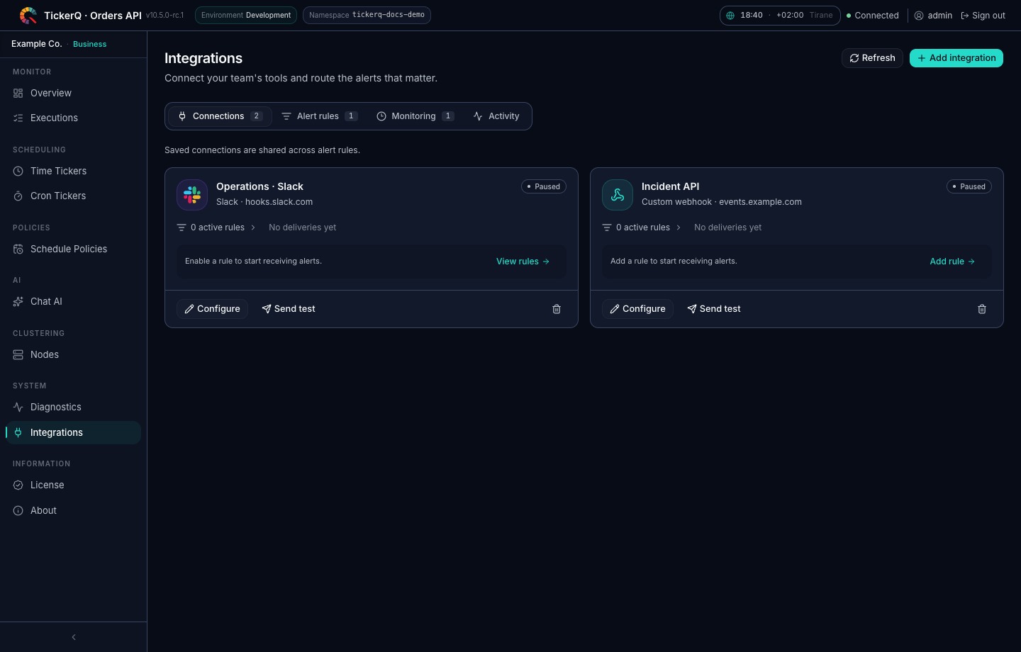 TickerQ Integrations page with Slack and custom webhook connections