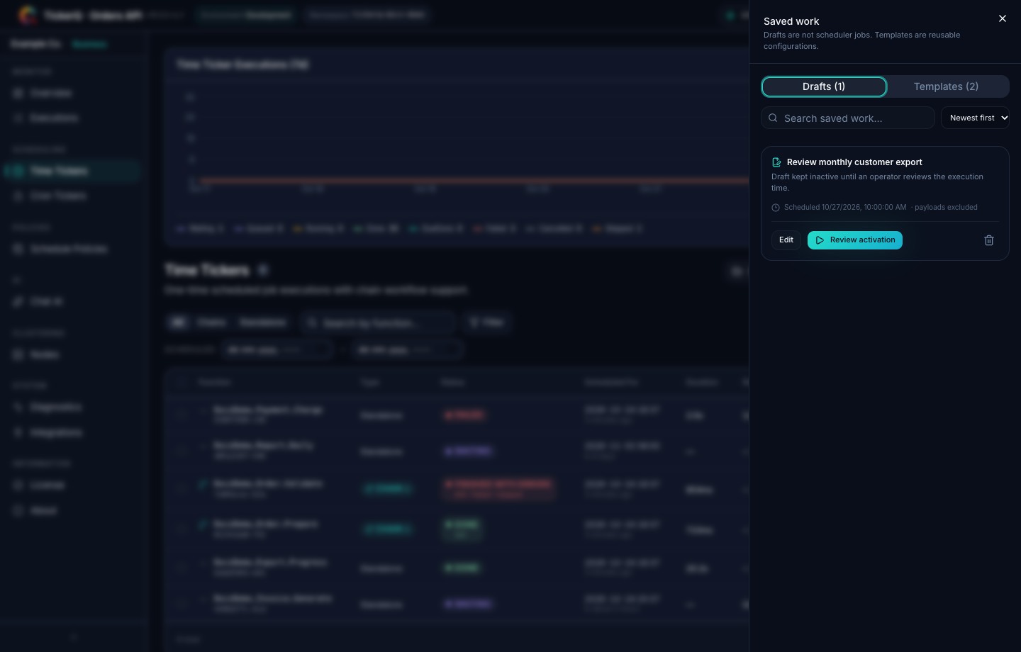 TickerQ Saved Work page with a one-time draft and reusable chain templates
