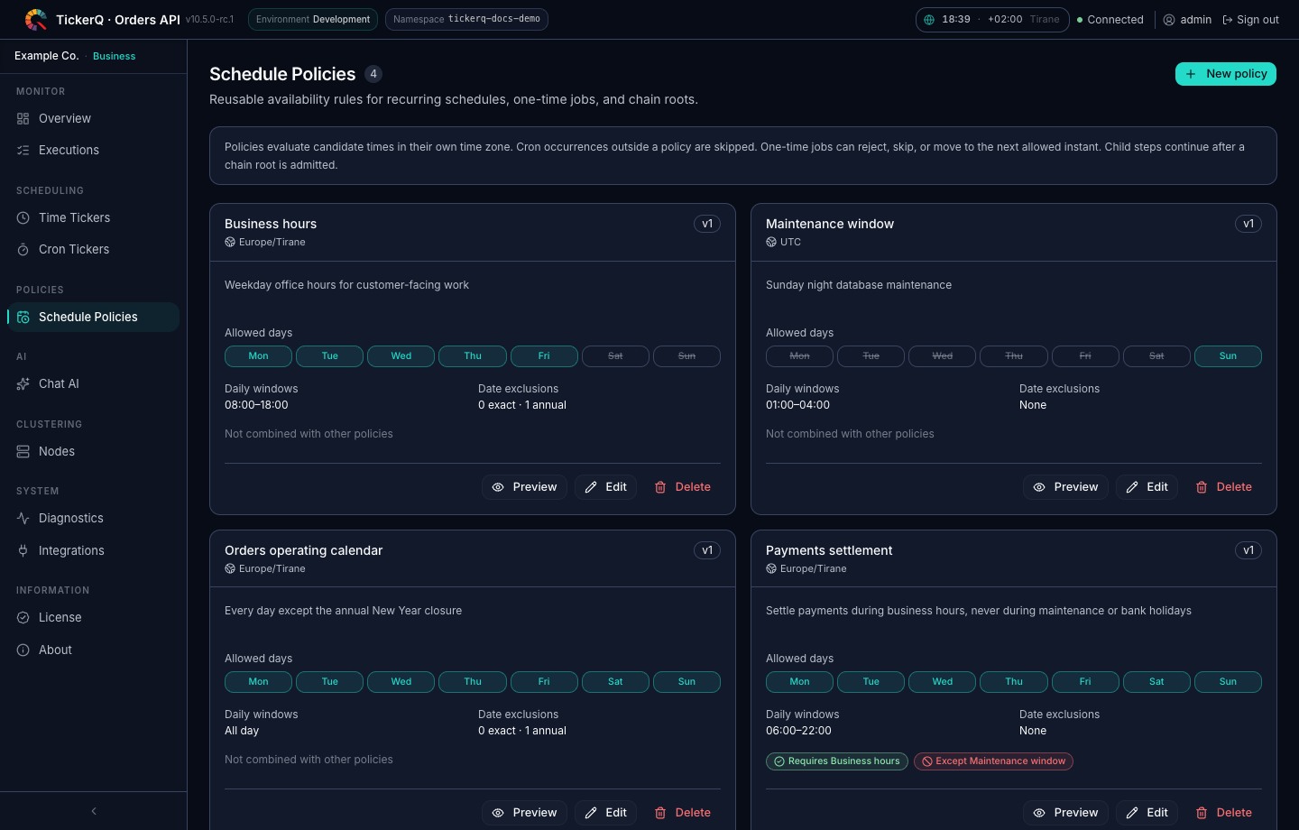 TickerQ Schedule Policies page with business hours, a maintenance window, and a composed payments policy