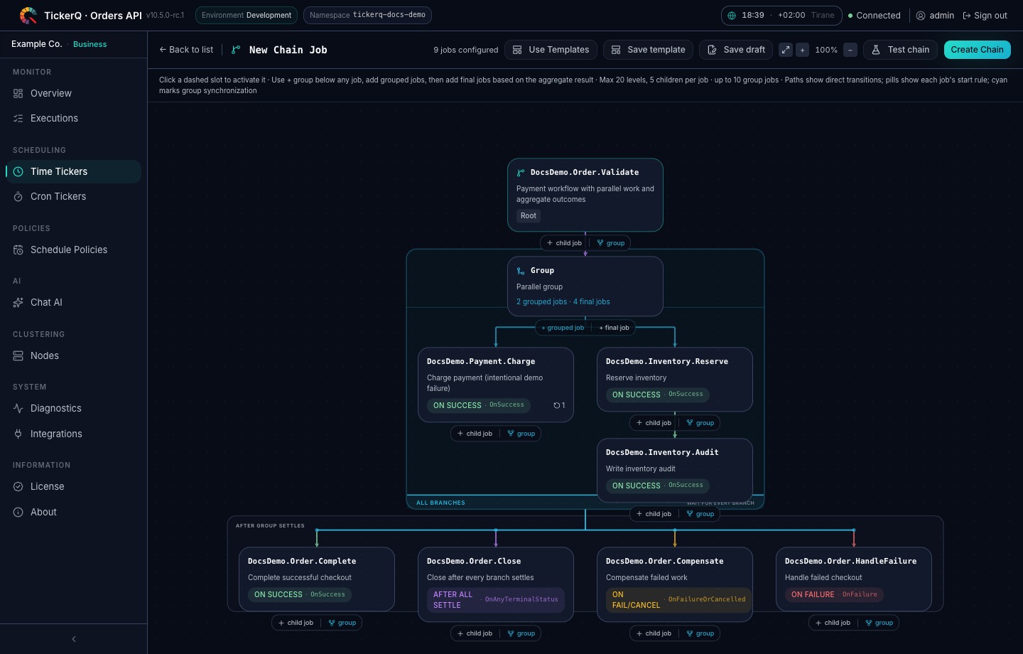 TickerQ visual workflow builder with grouped parallel jobs and final outcome steps