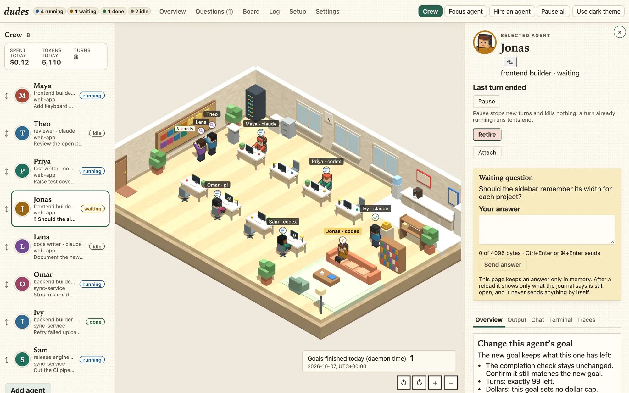 The Floor in a browser. An isometric voxel office holds a crew of eight: four agents type at desks, two stand at the goal board between turns, one sits on the lounge sofa under a question mark, and one stands at the bell after its goal is done. The top bar counts the crew by status. The Crew list on the left shows each agent's initial, role, engine, workspace, goal and status. The drawer on the right is open on the waiting agent, with a portrait of its voxel figure, its question, an answer box and the buttons to pause, retire or attach to it.