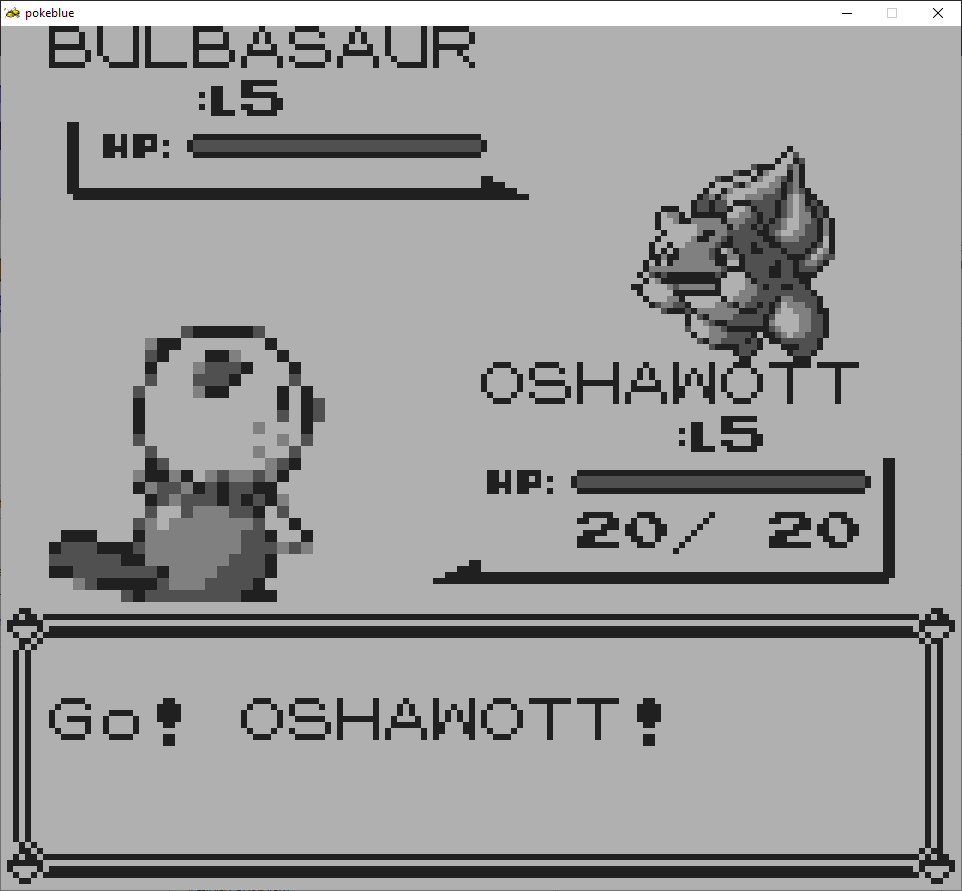 An Oshawott battling against Bulbasaur in Pokemon Blue's first rival battle, running in Mednafen