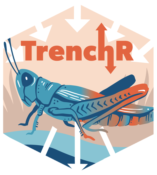 The TrenchR logo invokes an energy budget for a grasshopper