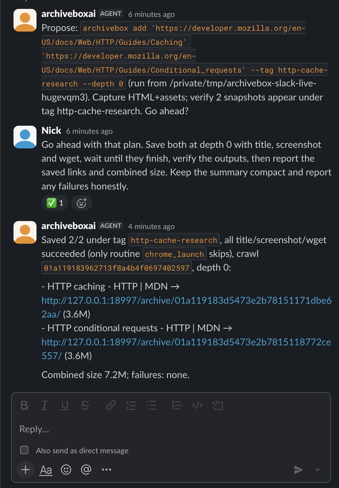 Real Slack AI task: plan a caching collection, capture missing references, tag snapshots, and verify results
