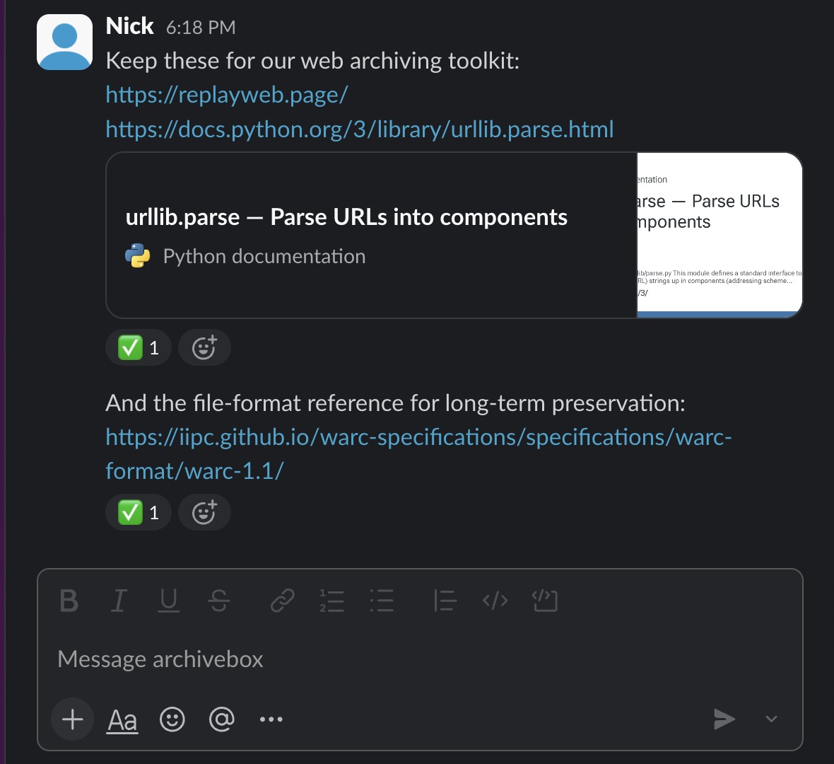 Real Slack DM saving web archiving references with completion reactions