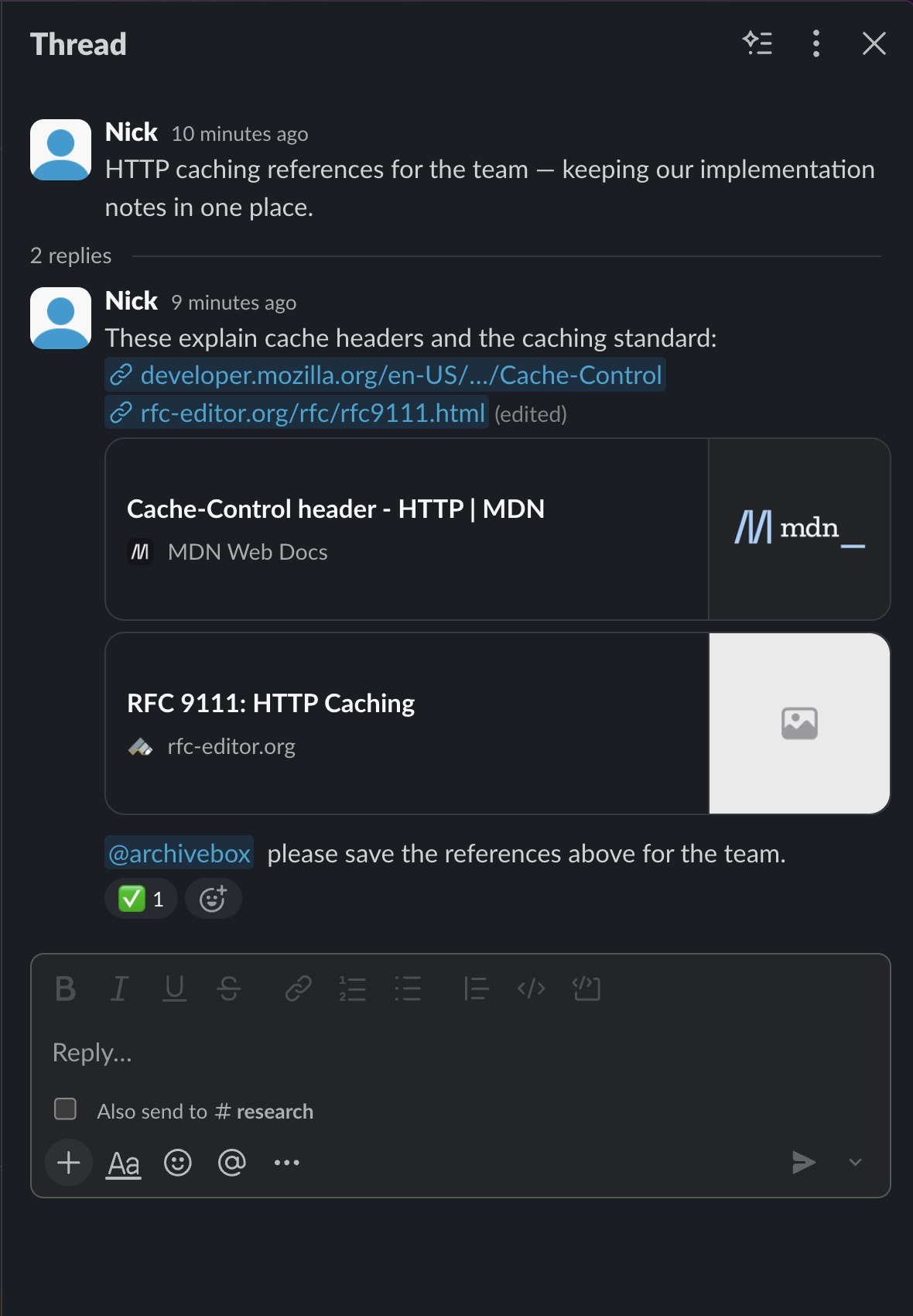 Mention ArchiveBox Bot in a real Slack thread to save previously shared URLs