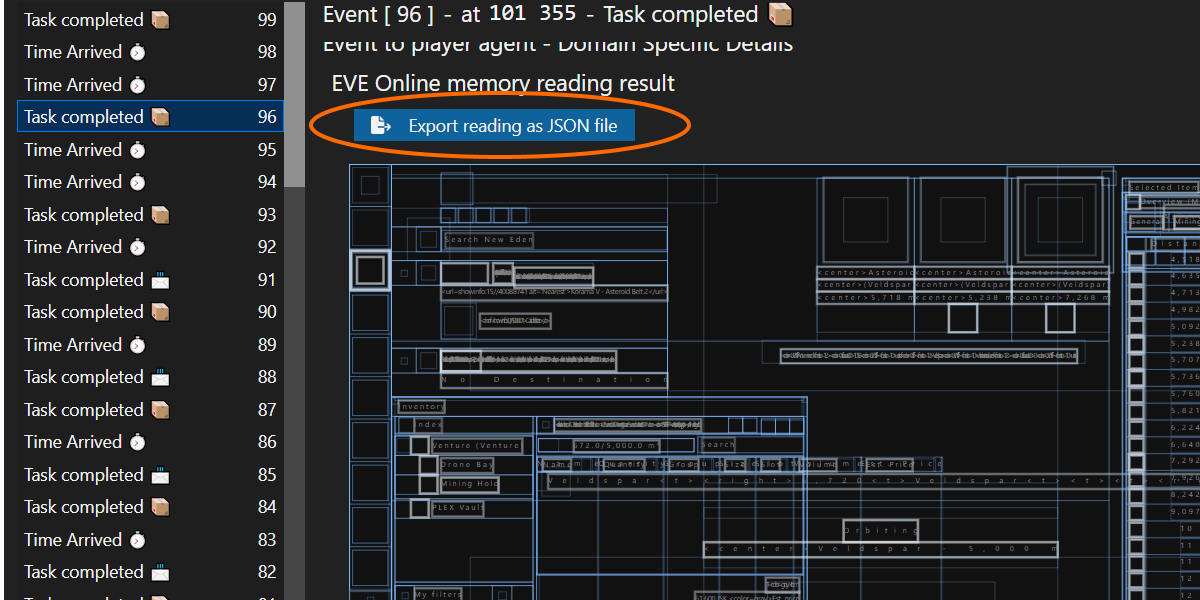 Button to export EVE Online memory reading from event in a bot session