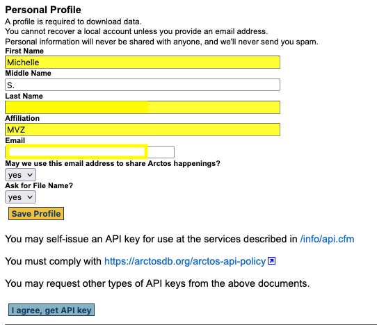 Profile screenshot for self-service API key