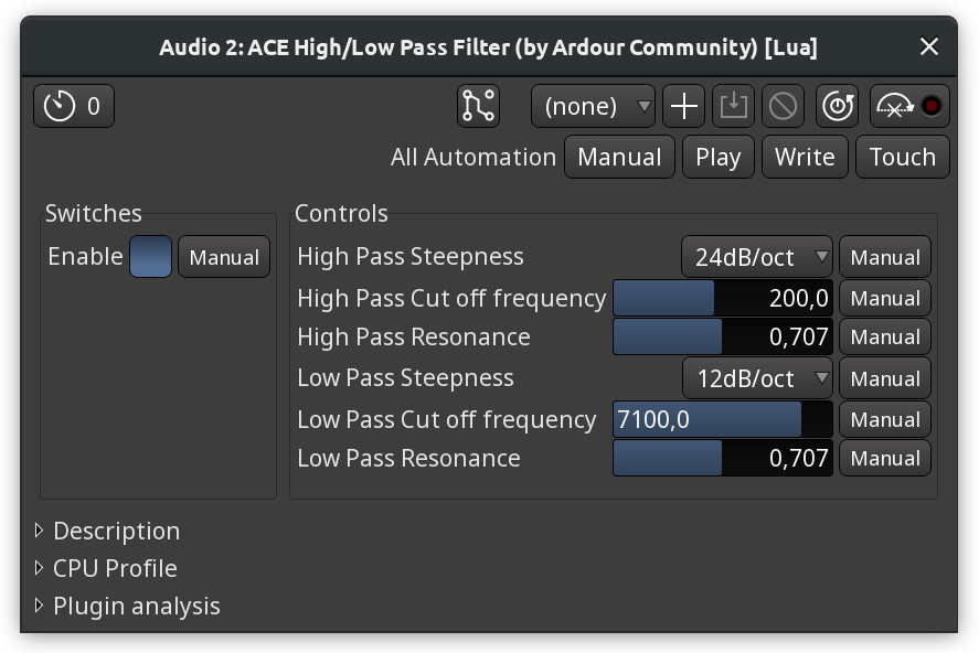 Inline ACE High/Low Pass Filter display