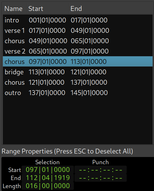 Selected range section in the Arrangementlist