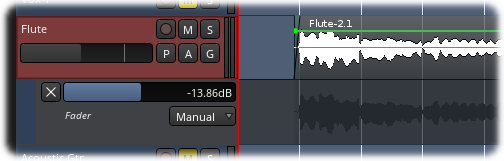 An example of a fader automation lane (below) with its associated track (above).