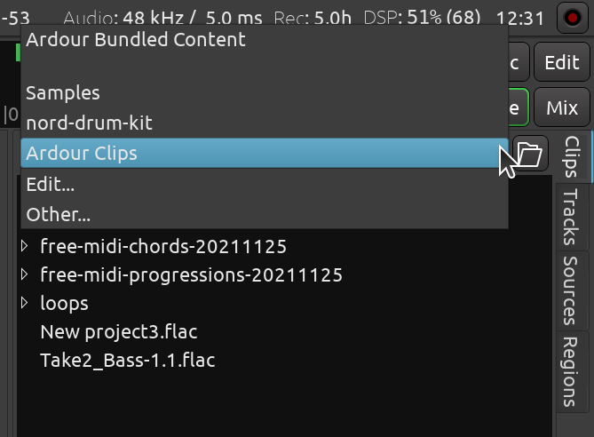 Clips' locations in the drop-down list