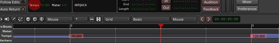 A constant tempo displaying the tempo at the playhead in the audio clock