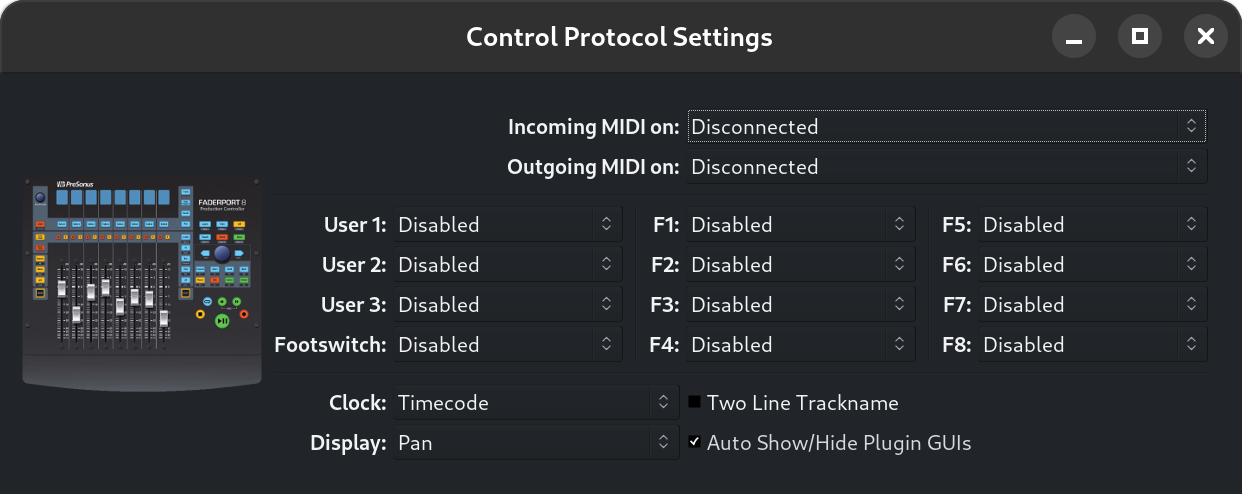 FaderPort8 Control Surface Settings Dialog