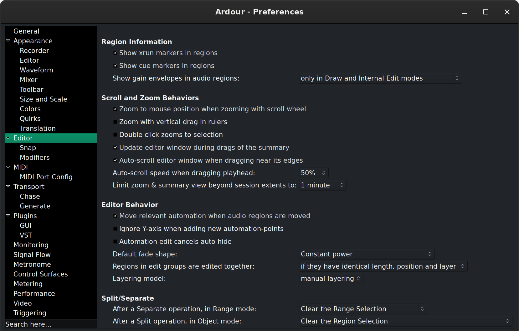 The Preferences window