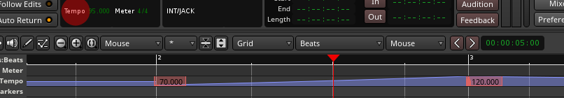 A ramped tempo displaying the tempo at the playhead in the audio clock