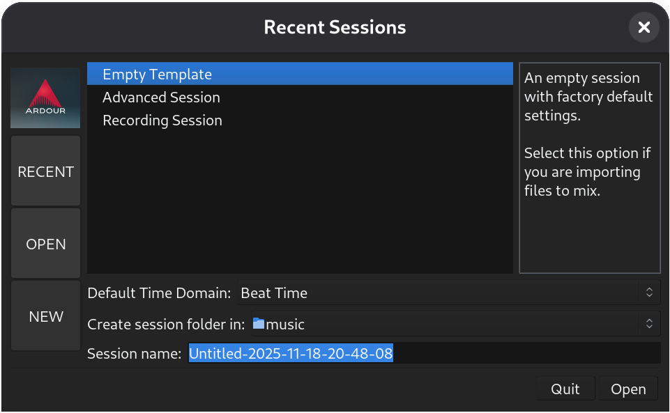 The New Session Dialog