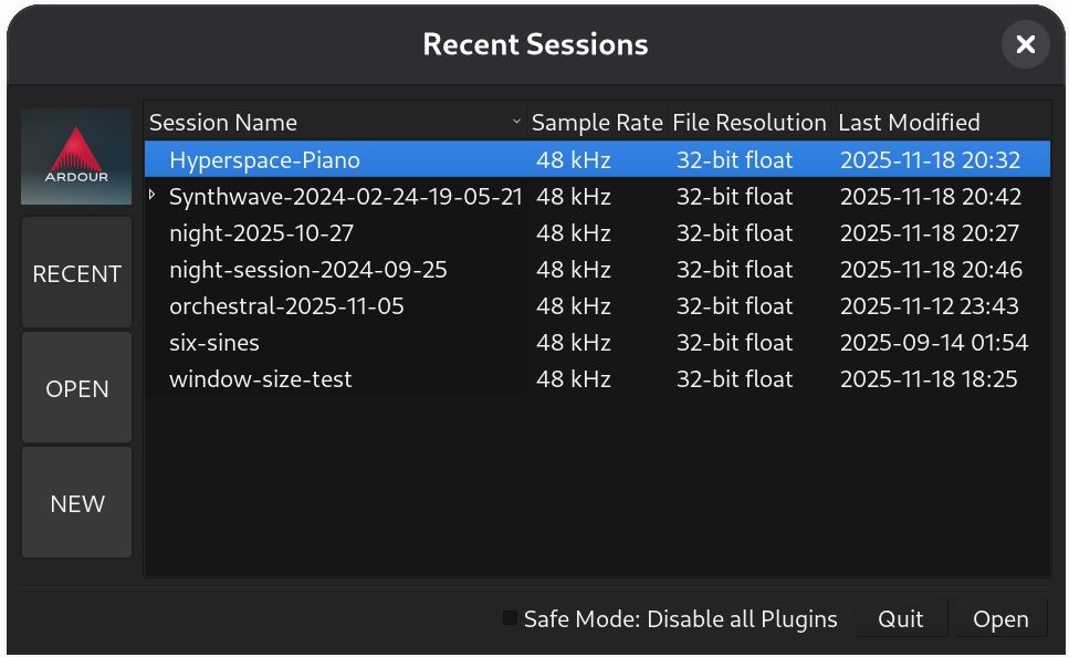 The Session Setup Dialog