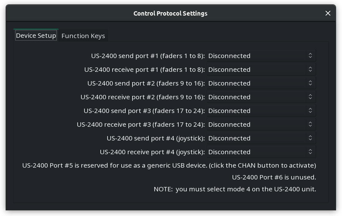 TASCAM US-2400 portsettings