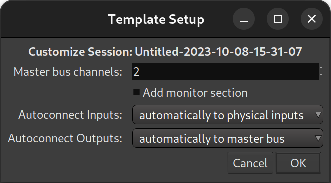 Template Setup dialog