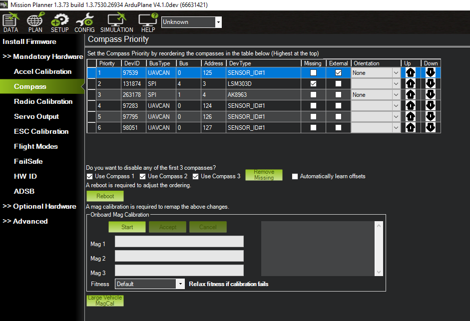 Mission Planner Onboard Compass Calibration — офіційний скриншот ArduPilot