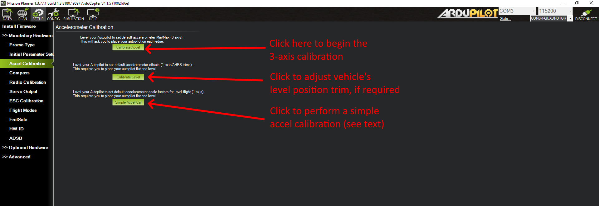 Mission Planner Accel Calibration — реальний скриншот ArduPilot