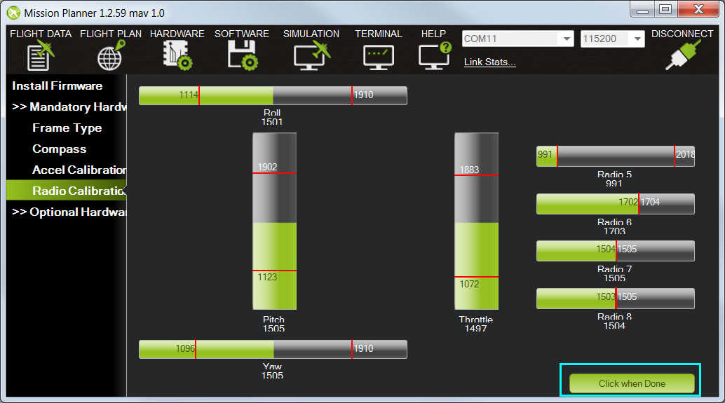 Mission Planner Radio Calibration Click when Done
