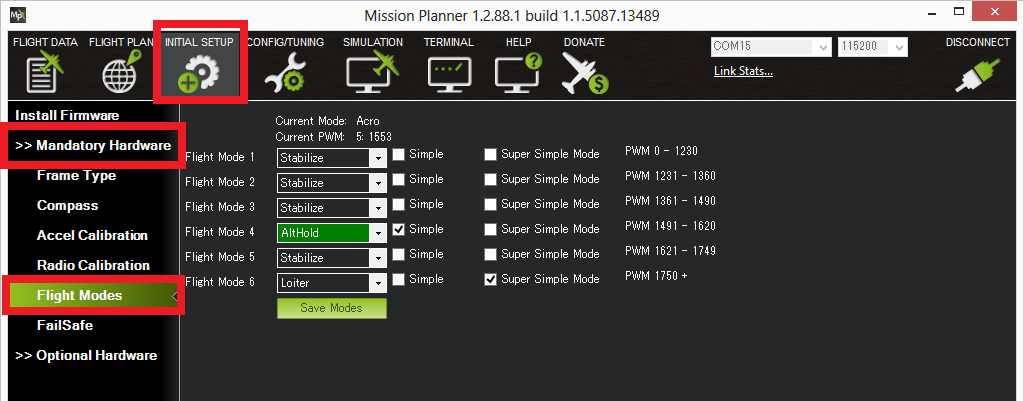 Mission Planner Flight Mode Screen Copter