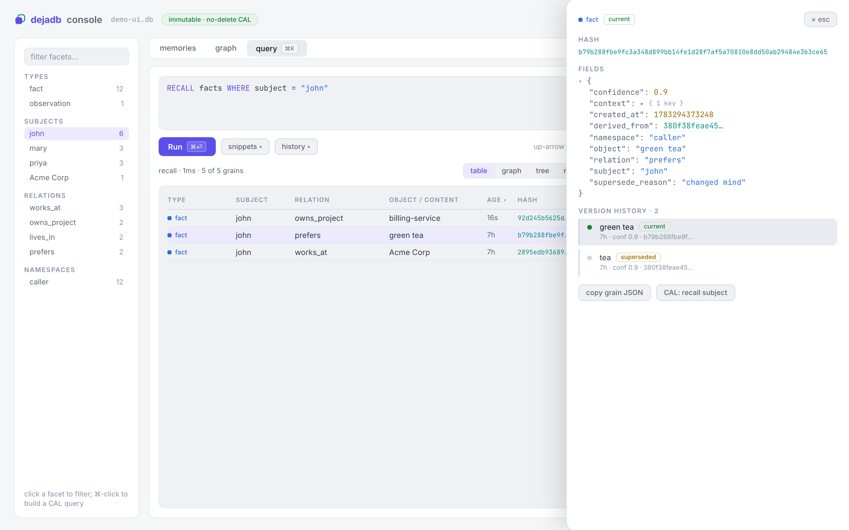 Console — query + grain inspector